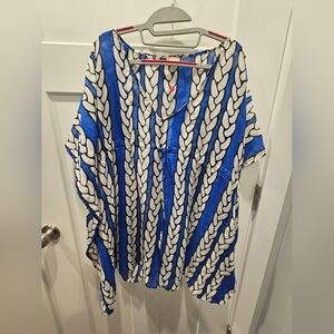 Echo Blue White Braid Print Sheer Tunic Beach Cover Up One Size Resortwear